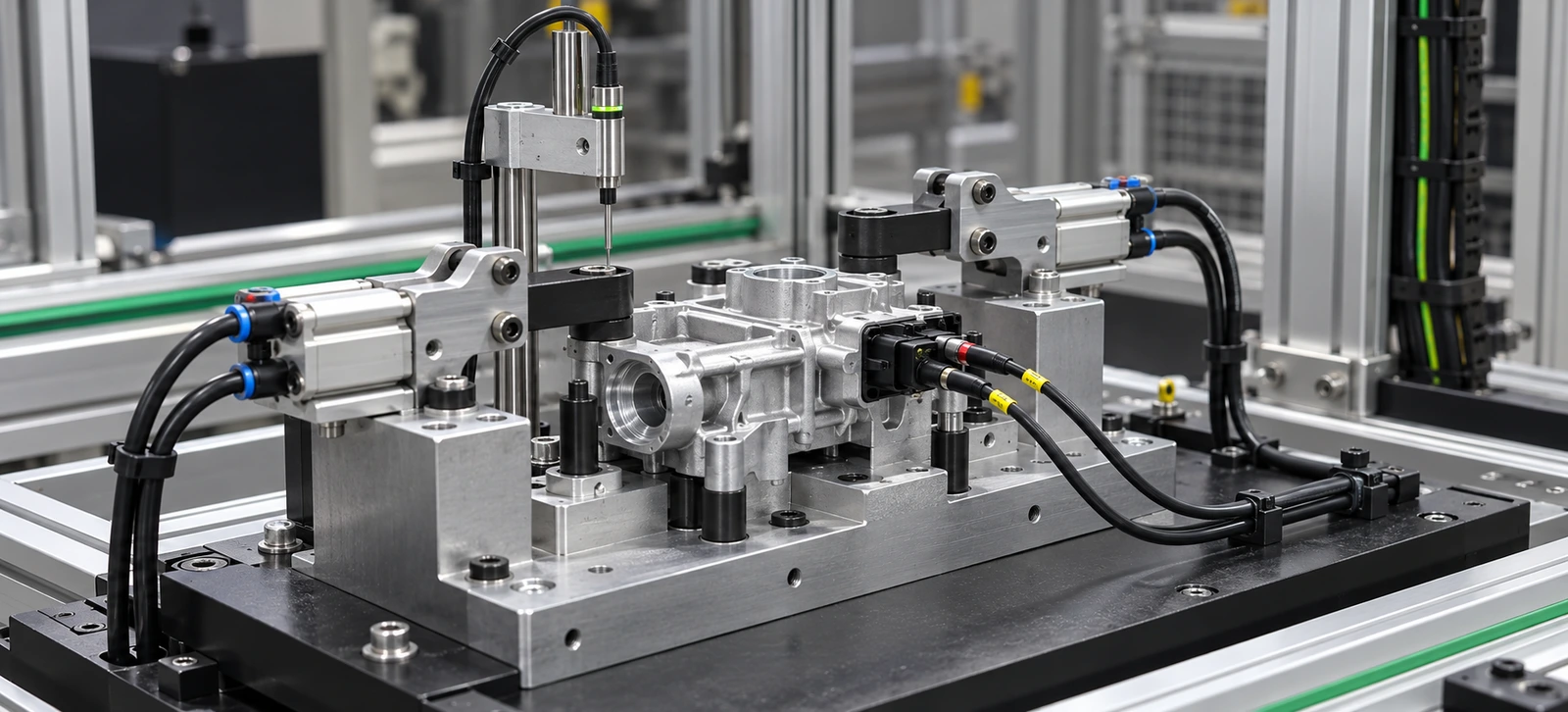 AI-assisted illustration of a functional test fixture, not a delivered project photograph