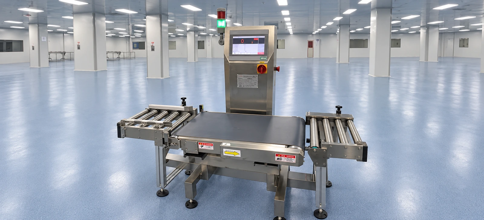 AI-assisted landscape adaptation of the real checkweigher photograph, showing its screen and weighing belt