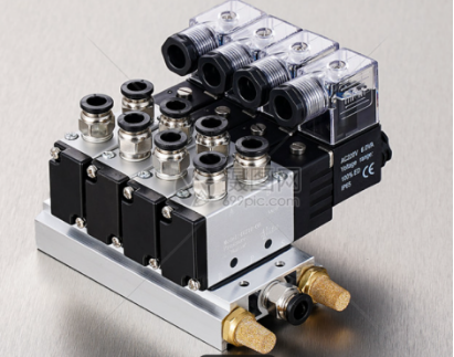 Pneumatic valve manifold, fittings and silencers